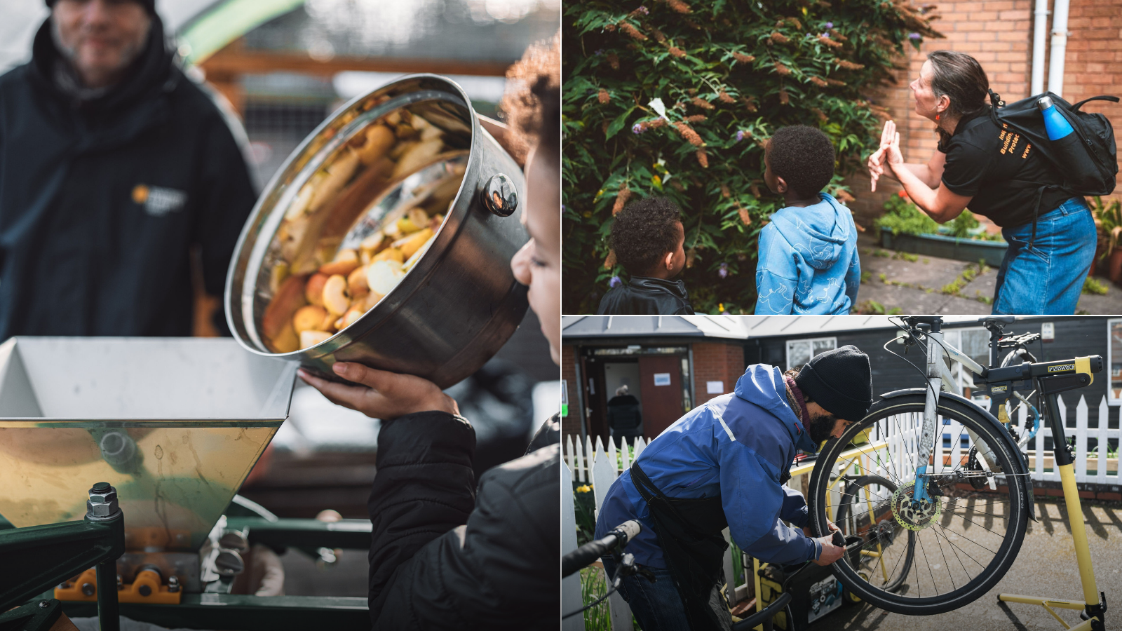 Collage of three images. (Left side) child using food scarps to make a recipe, (top right) staff teaching children about wildlife in nature, (bottom right) man fixing bike at community event.